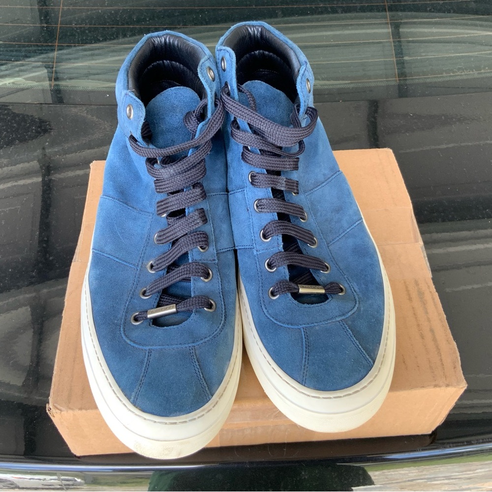 Jimmy Choo Men's Teal-Blue Suede Sneakers with Navy Laces